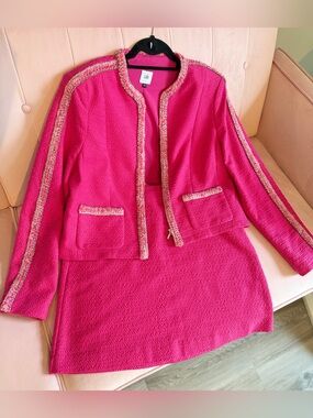 Cabi Pink Tweed Blazer Jacket Skirt Suit Set Fuchsia Chanel Style L / 10